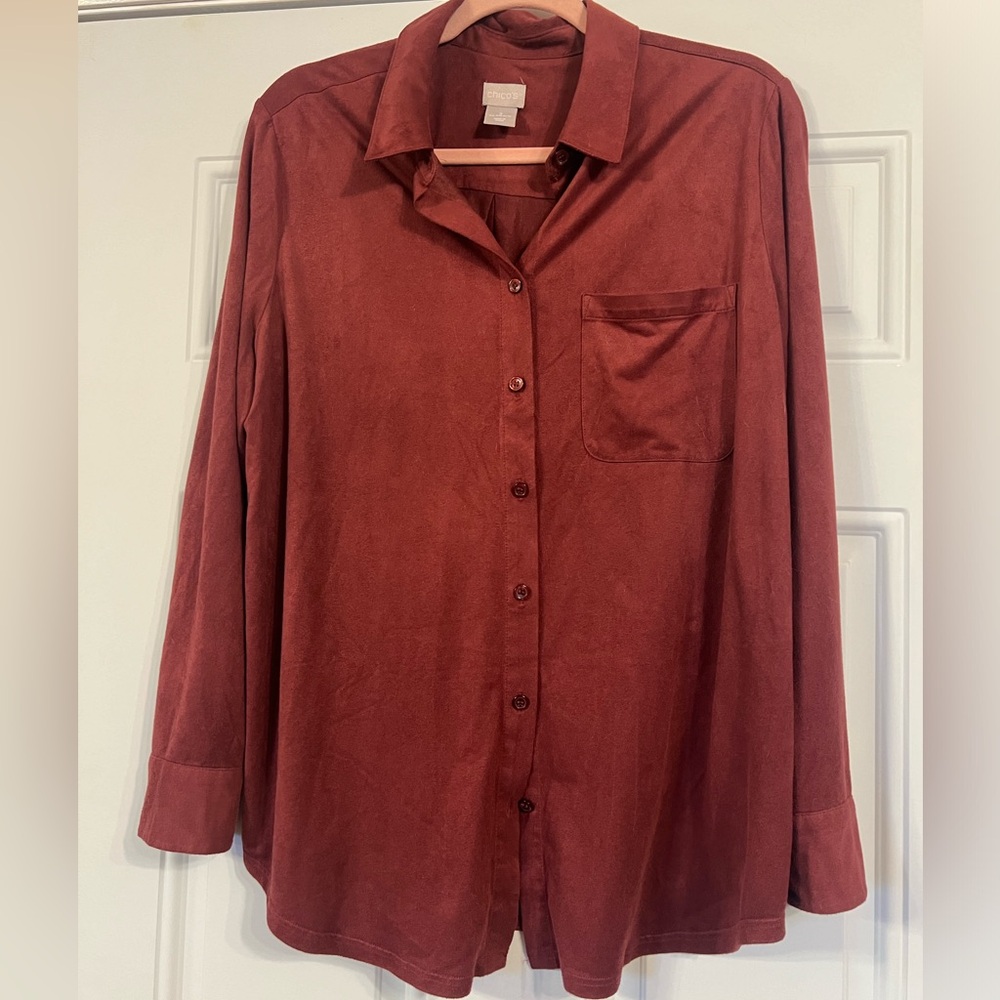 Chicos brand ladies suede feel shirt in rust, size 12/14